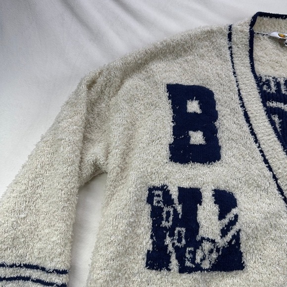 B Duck Teens Fuzzy Cardigan Sweater Cream Blue Varsity Y2K Graphic Size Medium - Picture 3 of 16